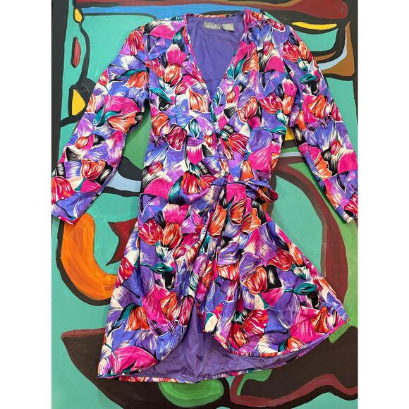 Liz Claiborne Dresses & Skirts - 90s 100% silk Vintage Liz Claiborne Wrap Dress Purple Pink Floral Petite 14